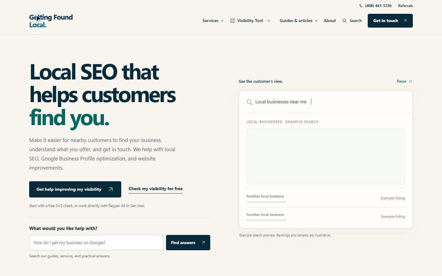 Getting Found Local’s actual website, showing clear services and contact options on a desktop.