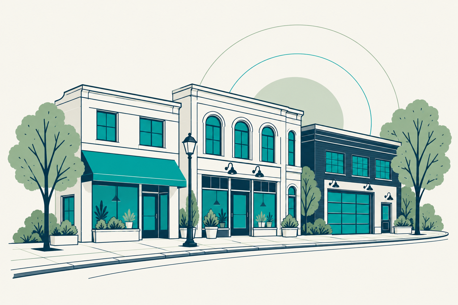 Illustrated local shopping street with trees and welcoming storefronts.