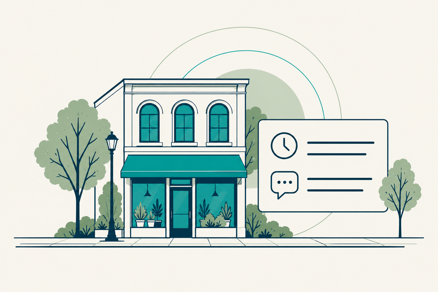 Illustrated storefront and a business information card.