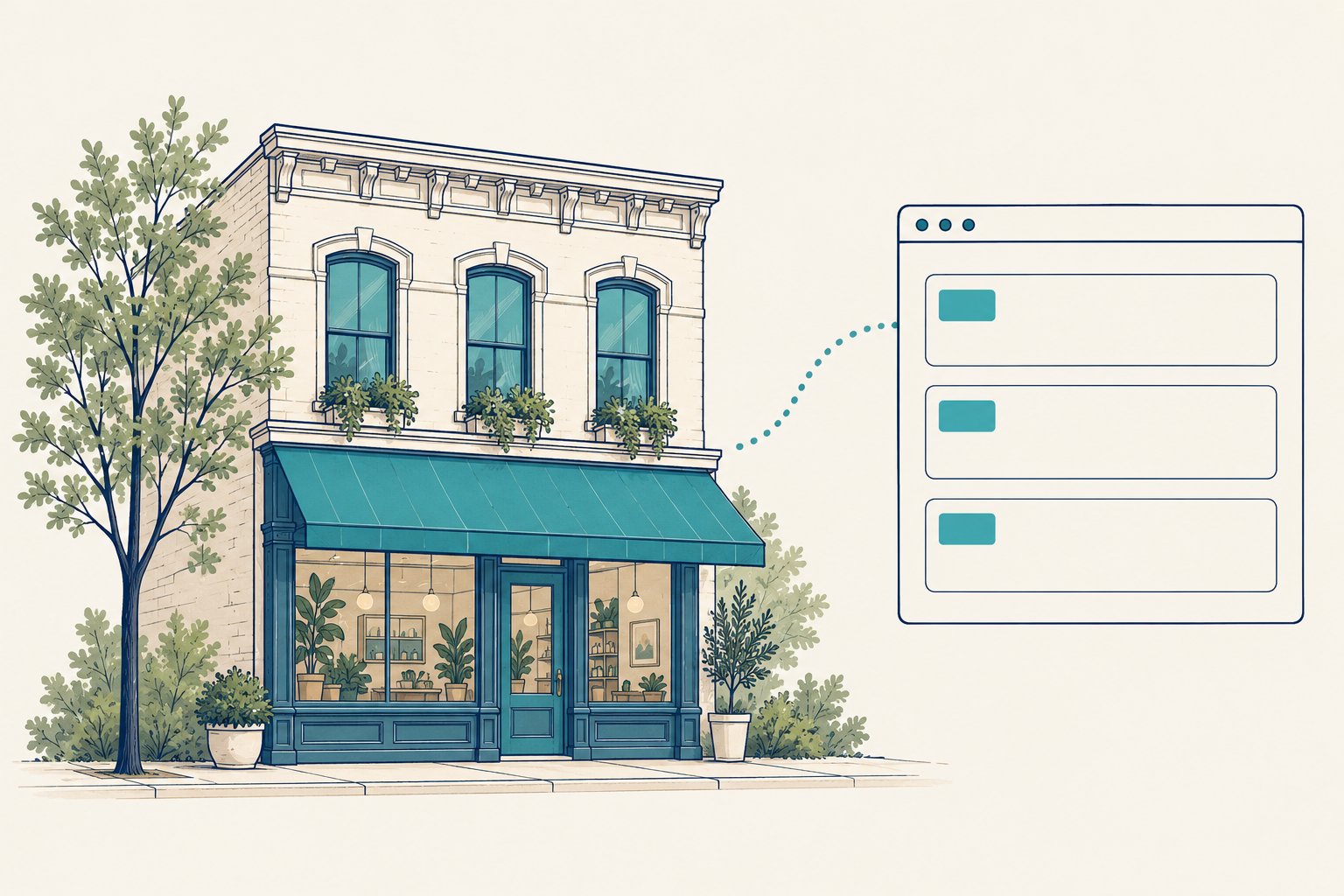 Illustrated local storefront and search advertising cards.