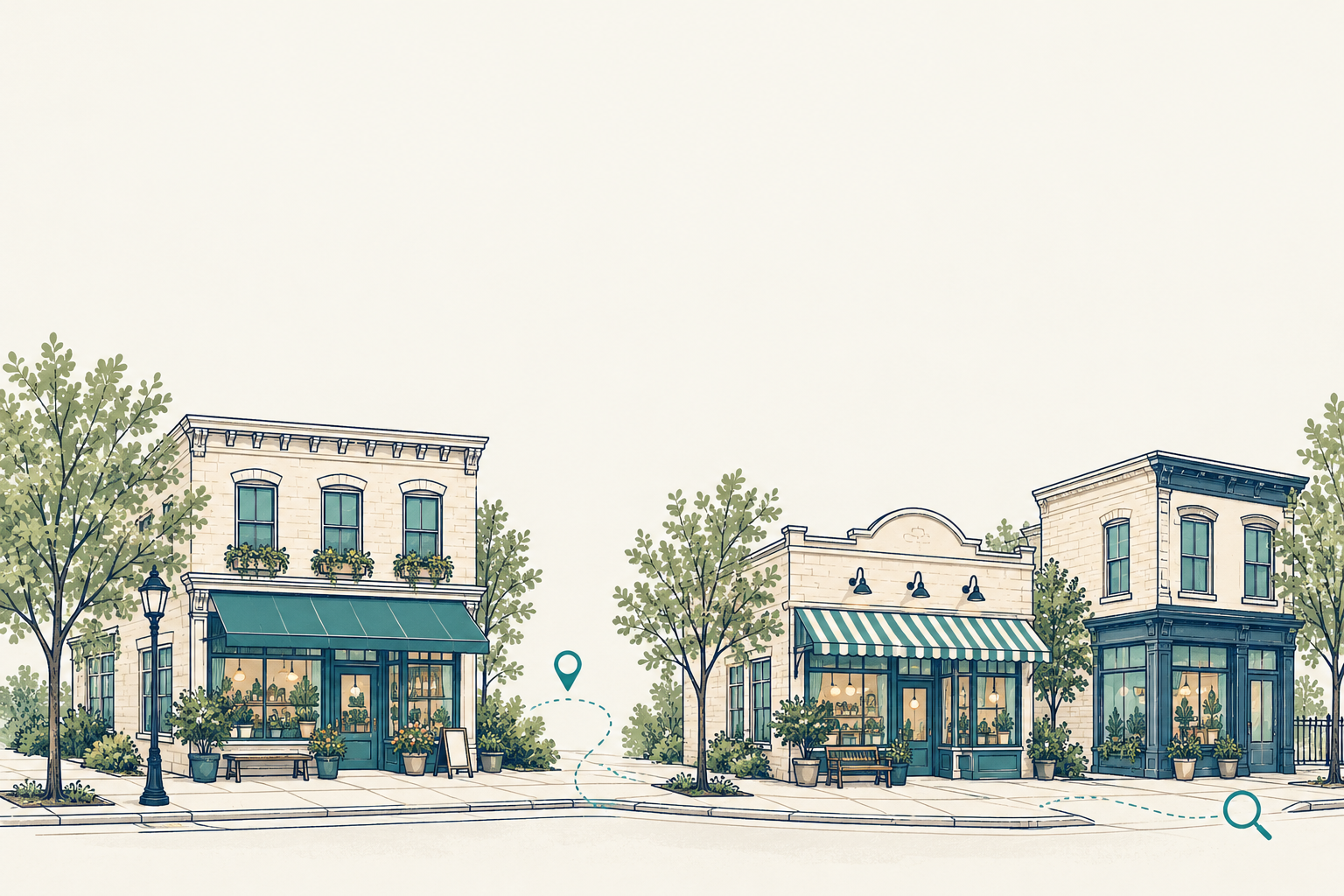 Illustrated neighborhood businesses connected by a path.