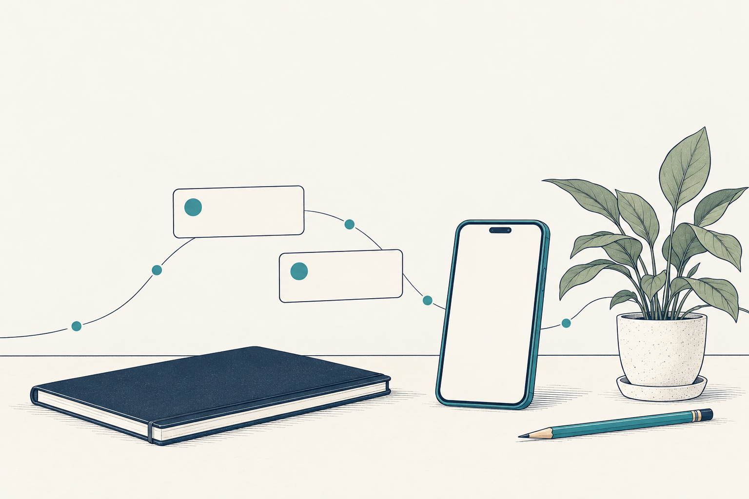 Illustrated phone, planning notebook, and customer message cards.