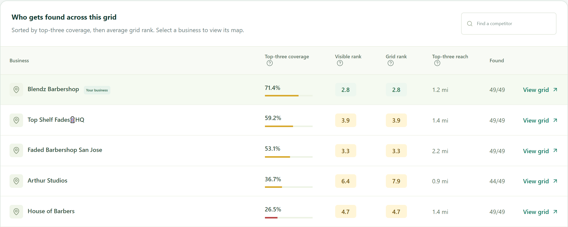 Actual competitor report comparing the first five businesses across 49 search locations.